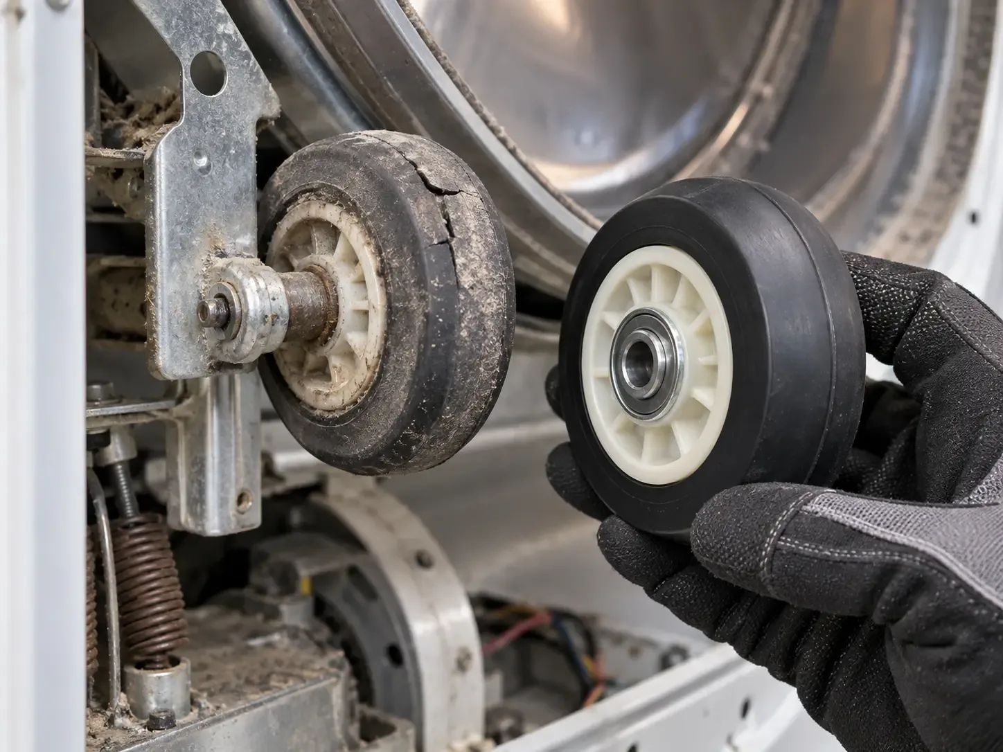 Worn dryer drum roller being replaced