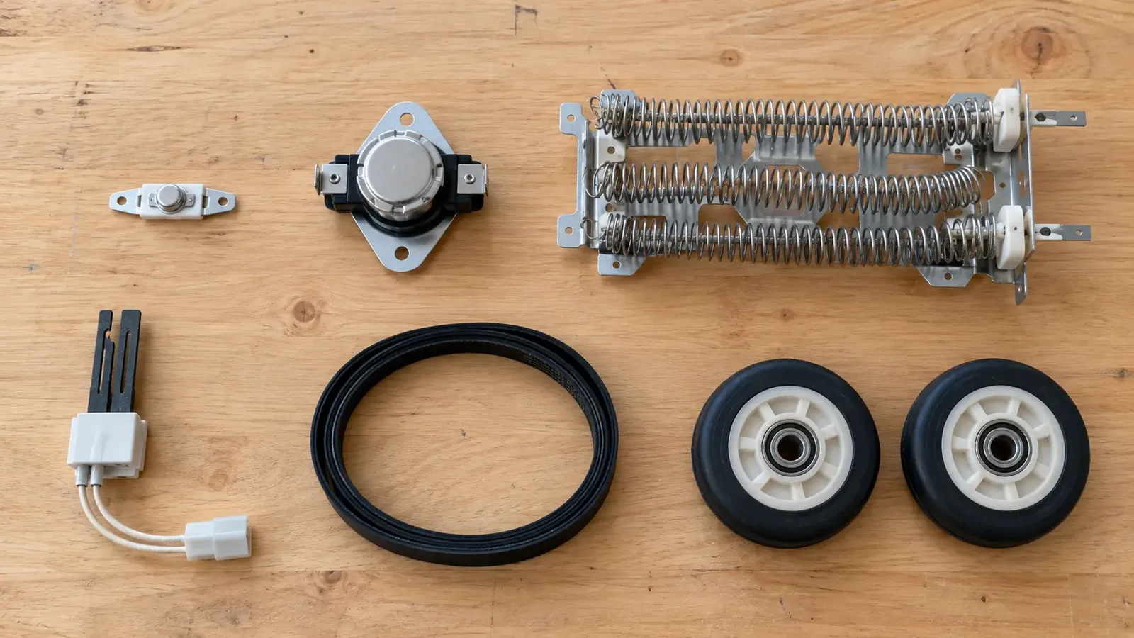 Common dryer repair parts: fuse, thermostat, heating element, igniter, belt and rollers