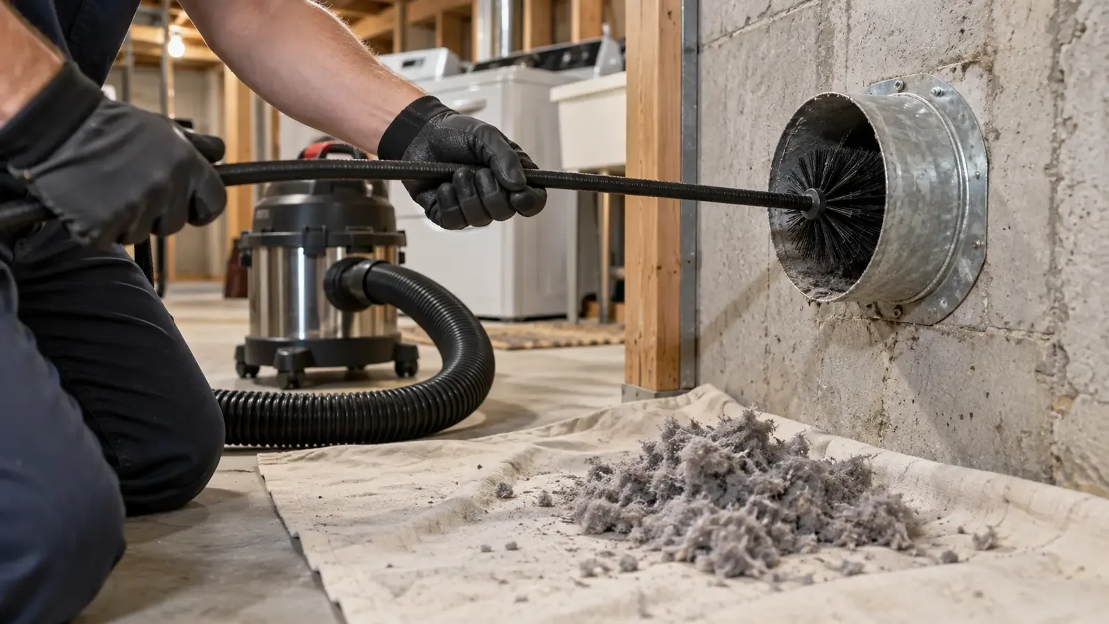 Cleaning a dryer vent line with a rotary brush