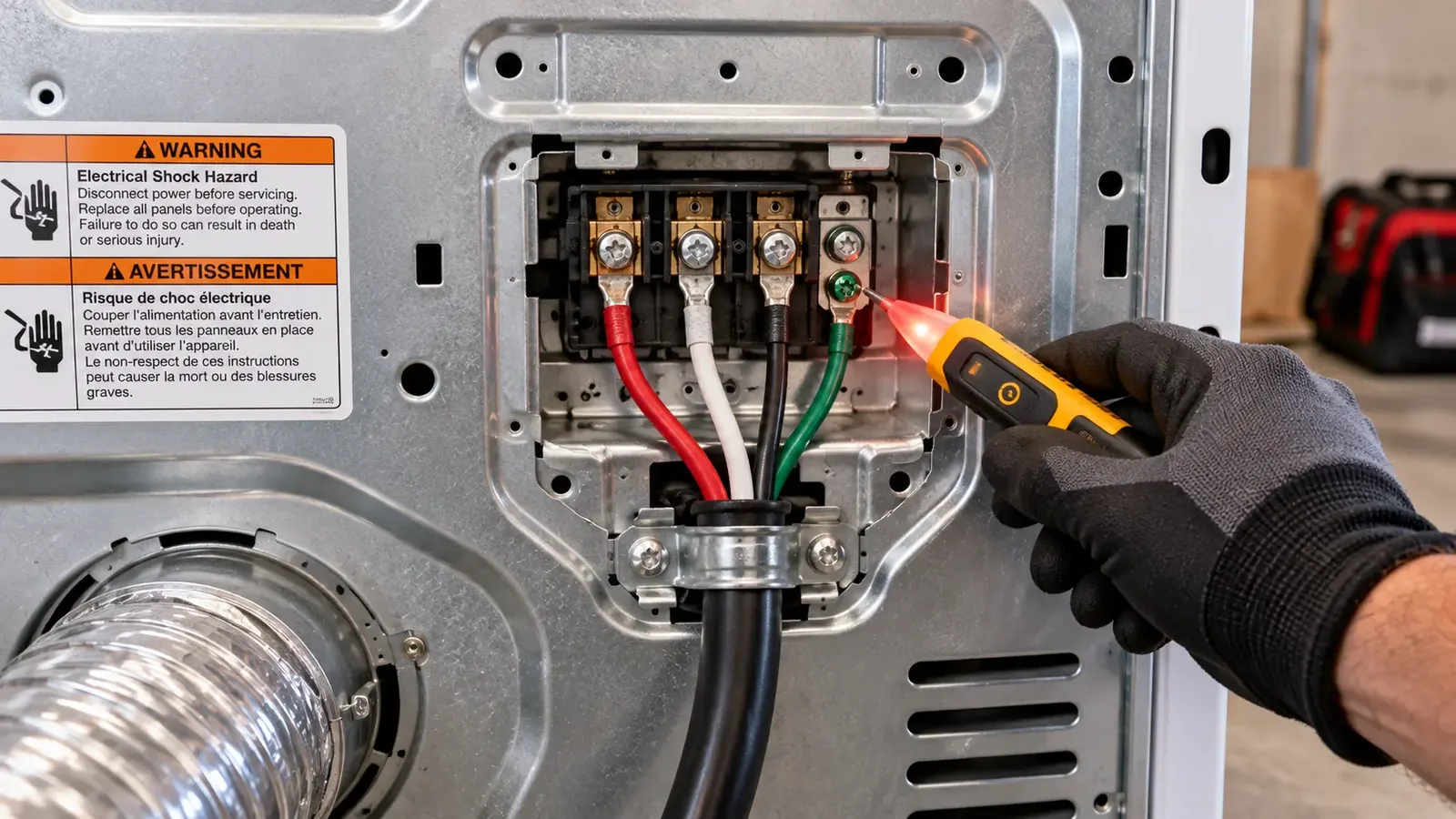 Checking power at an electric dryer terminal block