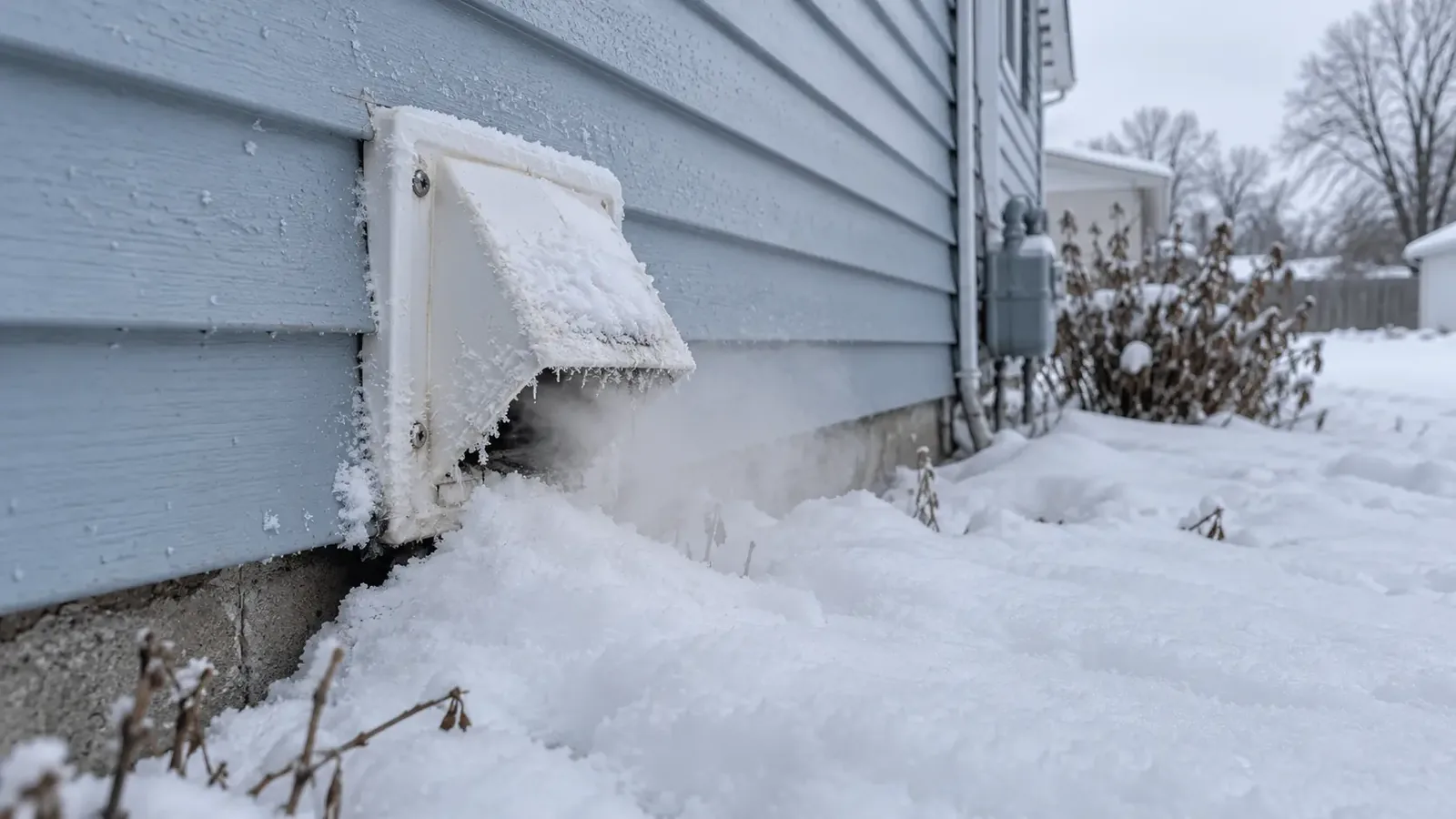 Snow-blocked dryer vent hood in winter, a common cause of dryers shutting off