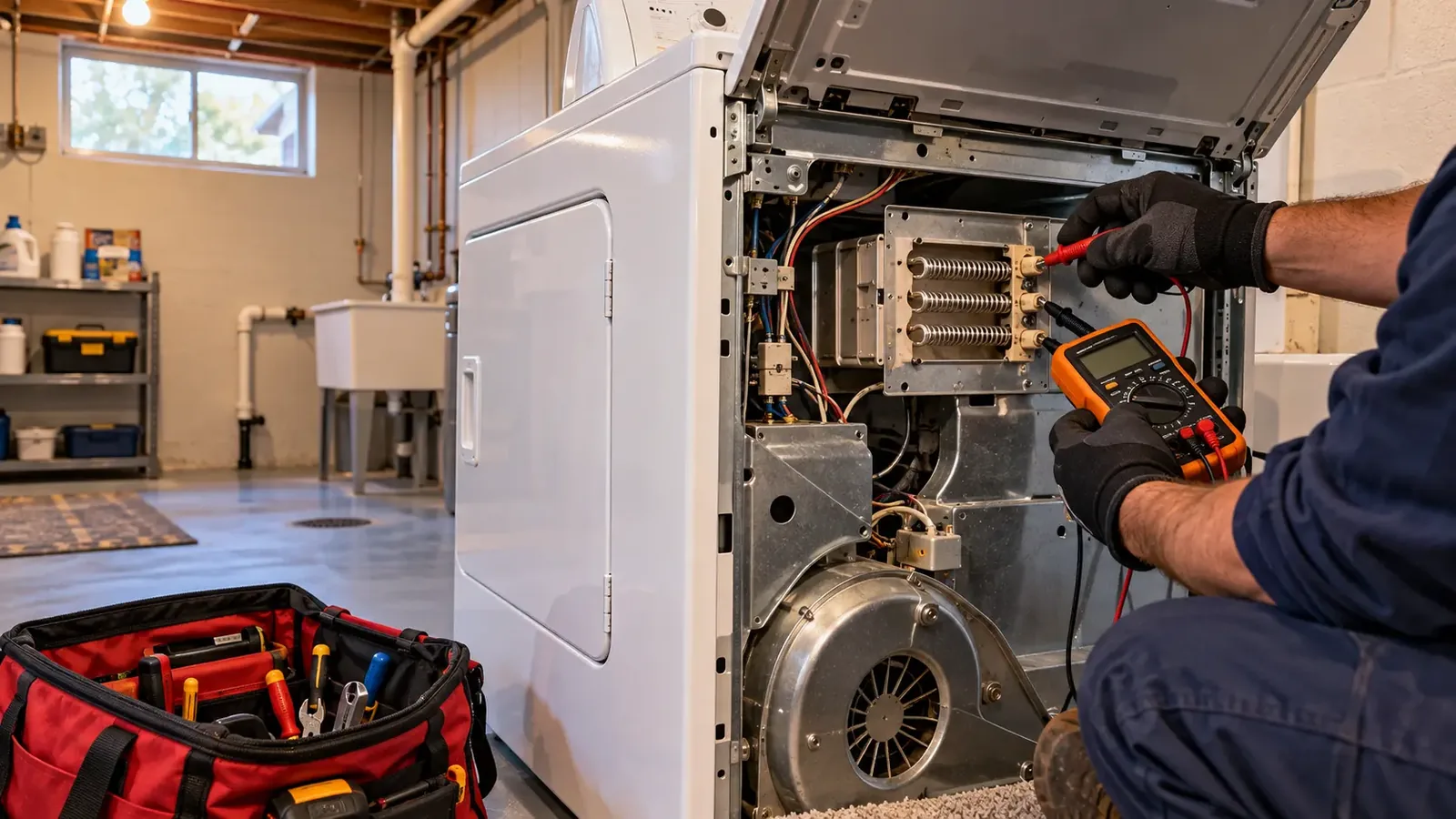 Technician testing a dryer heating element in a basement laundry room in Cedar Rapids