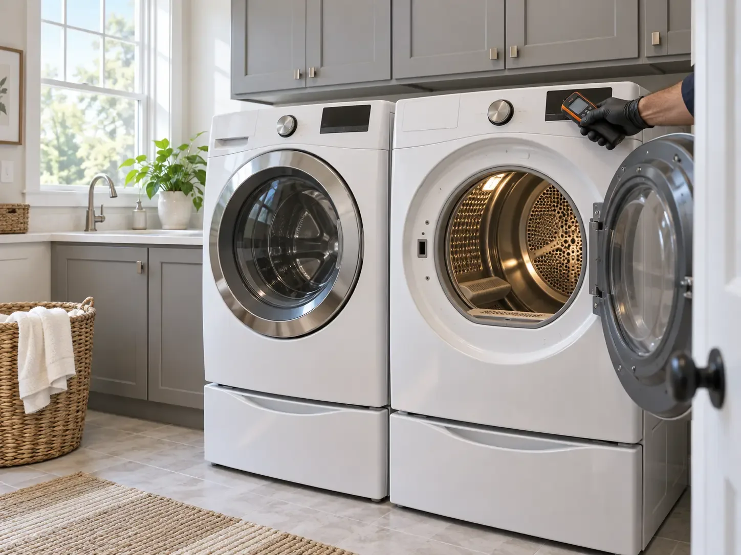 Front-load dryer being diagnosed in a newer home laundry room
