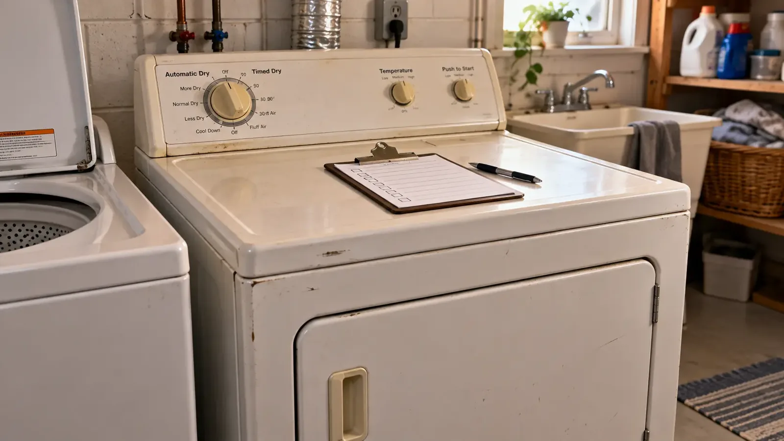 An older dryer being checked to decide between repair and replacement