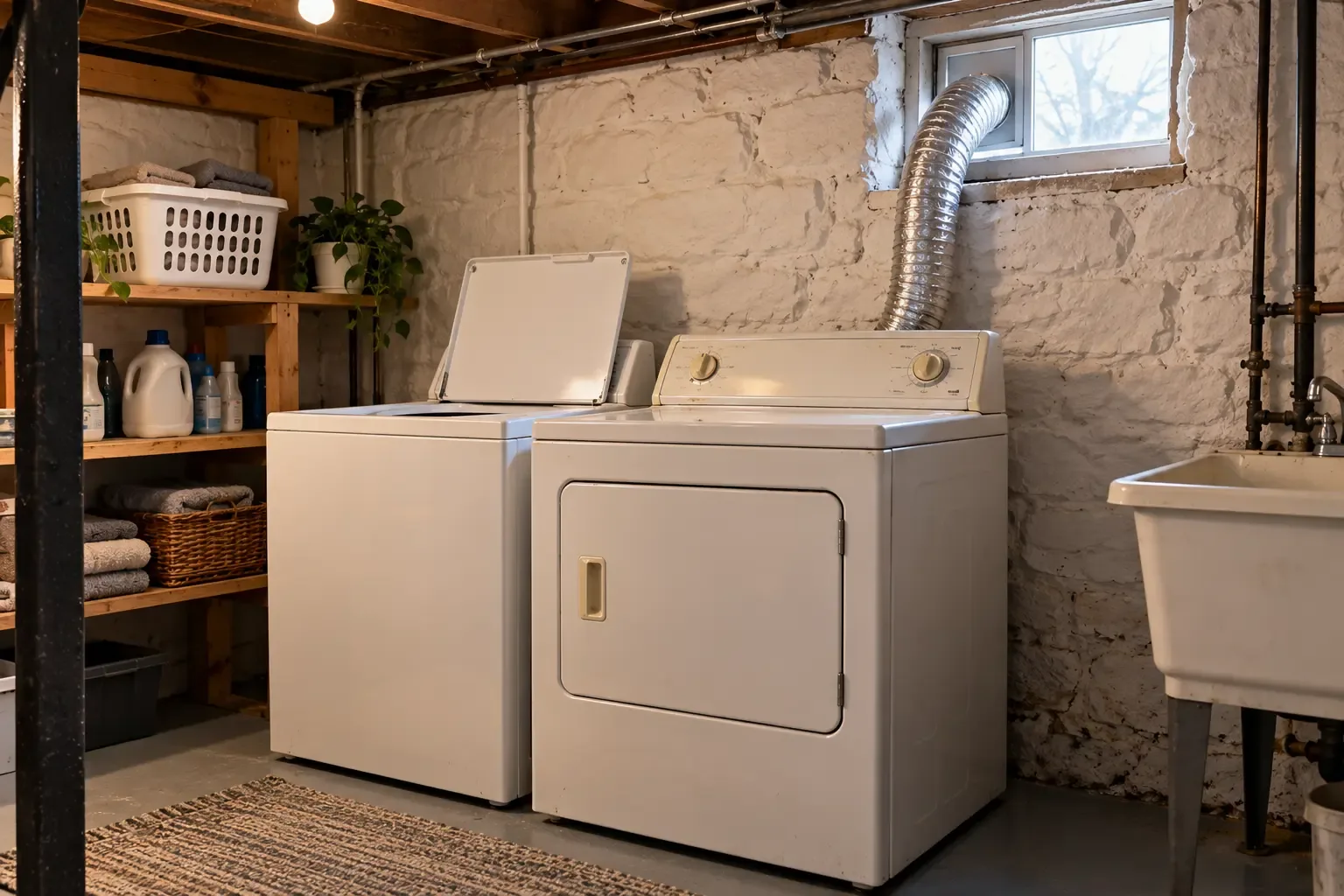 Basement laundry in an older home with a long dryer vent run