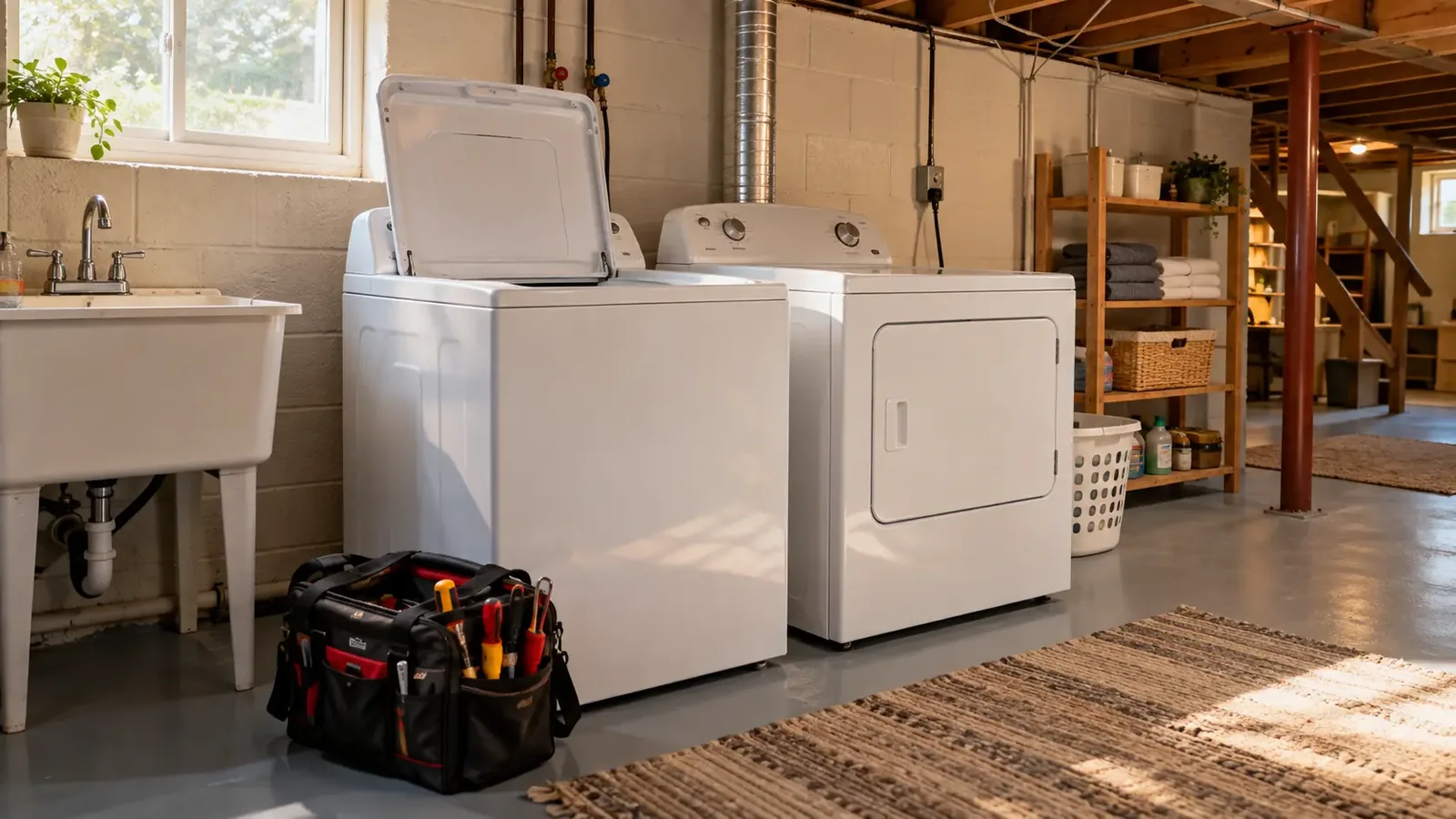 Washer and dryer pair in a basement laundry room